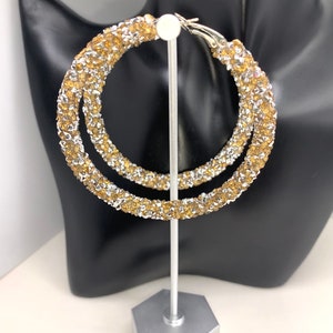 Thick Rhinestone Hoop Earrings: Champagne Silver Gem