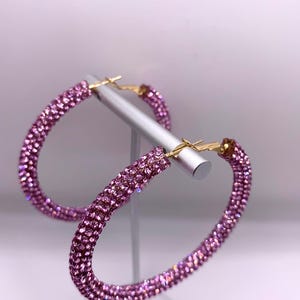 Elegant shiny pink rhinestone hoop earrings