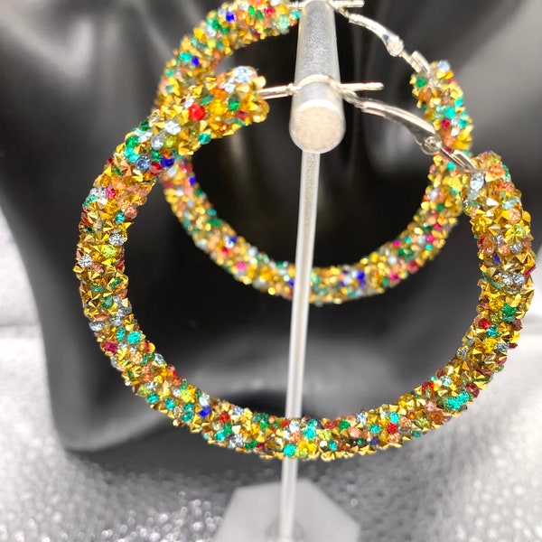 Thick rhinestone hoop earrings, colorful earring, sterling silver base earrings, big hoop earrings