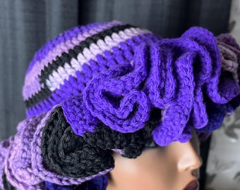 Crochet Purple multi and Black Ruffle Bucket Hat Blooming Ruffle Bucket Hat , Crochet , Blue Purple and Pink  main image 3