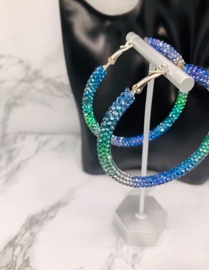 Blue Floral Hoop Earrings - RESTOCK