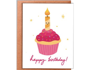 Tarjeta de felicitación de cumpleaños con cupcake / Linda tarjeta de cumpleaños con una vela sonriente en un cupcake glaseado rosa
