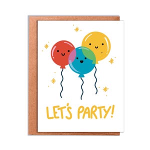 Let&#39;s Party Birthday Card | Cute balloons with smiling faces greeting card