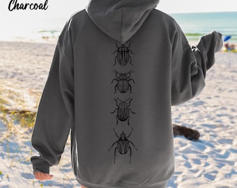 Insekten-Hoodie, Käfer-Sweatshirt, Geschenk für Entomologen, Vintage-Insekten-Hoodie, Cottage-Core-Kleidung, Linolschnitt-Käfer-Hoodie