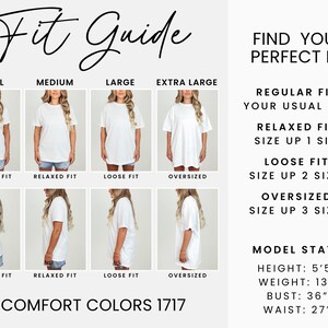 K&ouml;nnte beinhalten: Eine Gr&ouml;&szlig;entabelle f&uuml;r Comfort Colors 1717 T-Shirts mit Vorder- und Seitenansichten in vier Gr&ouml;&szlig;en: Small, Medium, Large und Extra Large. Der Text enth&auml;lt Passformbeschreibungen, Gr&ouml;&szlig;enanweisungen und Model-Ma&szlig;e: 165 cm K&ouml;rpergr&ouml;&szlig;e, 59 kg Gewicht, 91 cm Brustumfang, 69 cm Taillenumfang.