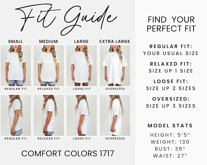 K&ouml;nnte beinhalten: Eine Gr&ouml;&szlig;entabelle f&uuml;r Comfort Colors 1717 T-Shirts mit Vorder- und Seitenansichten in vier Gr&ouml;&szlig;en: Small, Medium, Large und Extra Large. Der Text enth&auml;lt Passformbeschreibungen, Gr&ouml;&szlig;enanweisungen und Model-Ma&szlig;e: 165 cm K&ouml;rpergr&ouml;&szlig;e, 59 kg Gewicht, 91 cm Brustumfang, 69 cm Taillenumfang.