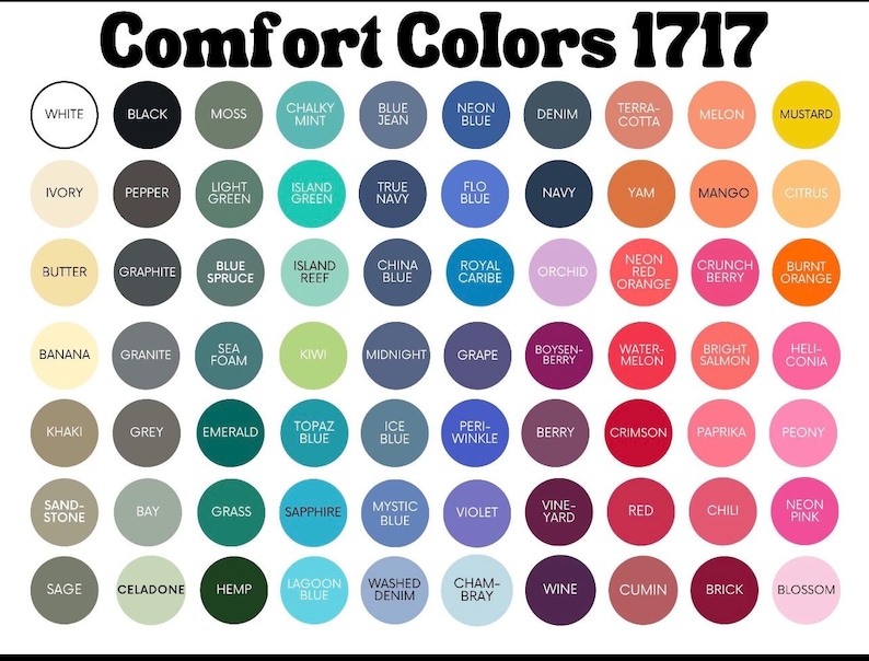 K&ouml;nnte beinhalten: Eine Farbkarte mit dem Titel Comfort Colors 1717, die ein Raster aus zweiundsiebzig kreisf&ouml;rmigen Farbfeldern in verschiedenen T&ouml;nen zeigt, darunter Wei&szlig;, Schwarz, Moos, Minze, Blau, Denim, Terrakotta, Melone, Senf, Elfenbein, Pfeffer, Gr&uuml;n, Marine, Orange und Pink.