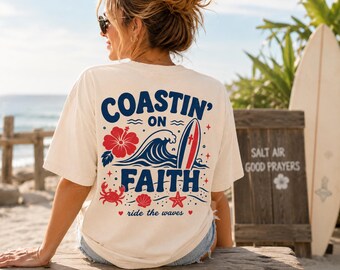 Christian Beach Shirt Frauen Glaube Surf T-Shirt Grafik religiöse Ozean Bekleidung Sommer Urlaub Geschenk Kleidung Casual Inspirational Surfbrett