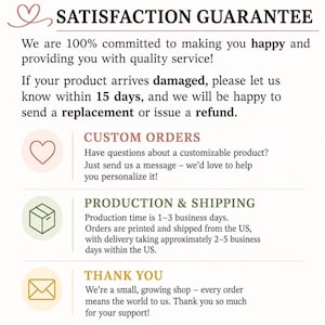 K&ouml;nnte beinhalten: Eine wei&szlig;e Informationsgrafik mit schwarzem Text unter dem Titel SATISFACTION GUARANTEE. Sie enth&auml;lt Abschnitte f&uuml;r CUSTOM ORDERS, PRODUCTION & SHIPPING und THANK YOU, die mit Herz-, Paket- und Briefumschlag-Symbolen markiert sind.