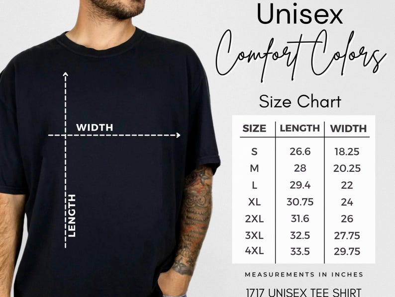 K&ouml;nnte beinhalten: Ein schwarzes T-Shirt mit einer Gr&ouml;&szlig;entabelle, die L&auml;ngen- und Breitenma&szlig;e in Zoll f&uuml;r die Gr&ouml;&szlig;en S bis 4XL anzeigt. Der Text lautet Unisex Comfort Colors Size Chart, mit Spalten f&uuml;r Gr&ouml;&szlig;e, L&auml;nge und Breite sowie 1717 Unisex Tee Shirt unten.