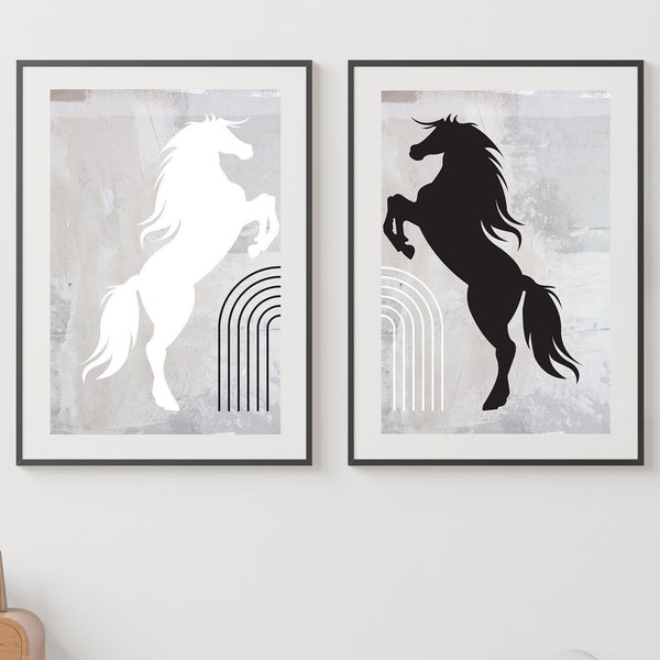 Horse Nordic Wall Art Print Set of 2 Black and White Bedroom Above the bed Modern Neutral wall decor Modern Over the Bed Line Horses decor