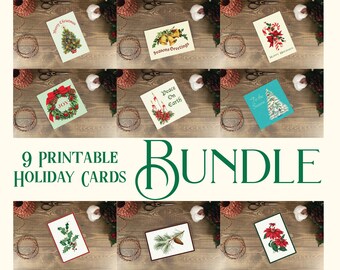 BUNDLE Printable Christmas Cards with Envelopes | Vintage and Nature Styles | Instant Download PDFs | 4X6 & 5X5 sizes | Foiled Card Options