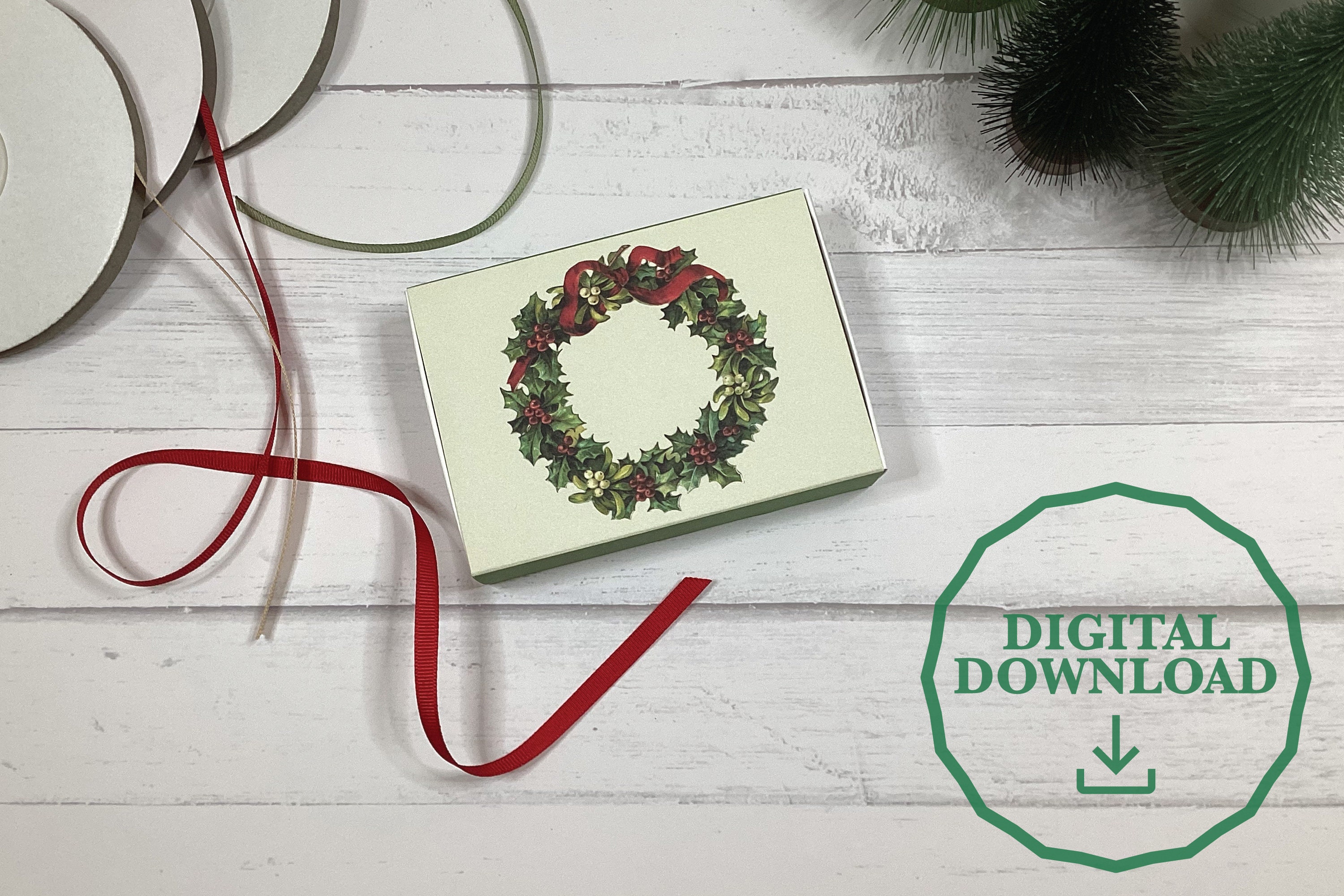 Printable Gift Box | Matchbox | Printable Gift Card Holder | Christmas Red Green | Vintage Wreath | PDF files