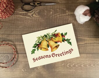 Printable Christmas Card with Envelope | Vintage Style Bells | Seasons Greetings | Blank | PDFs | 4X6 size | Foiled Card Option