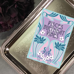 Imprimable | Carte d’anniversaire Poissons | Art Nouveau | Signes du zodiaque | Vibrations Poissons | Modèle d’enveloppe | PDF | 4X6 pouces | Coloré | Vide