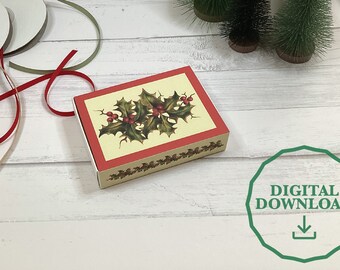 Printable Gift Box | Matchbox | Printable Gift Card Holder | Christmas Red and Green | Vintage Christmas | Holly Illustration  | PDF files