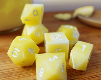 Handmade Sharp Edged Dice - "Neadora’s Famous Lemon Curd" - 7 Dice Set for DnD/Pathfinder/Starfinder