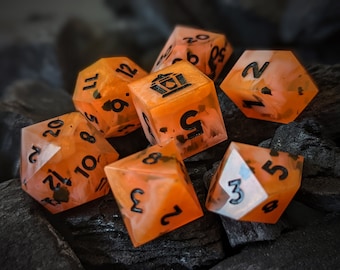 Handmade Sharp Edged Dice - "Lost to Flame" - 7 Dice Set for DnD/Pathfinder/Starfinder