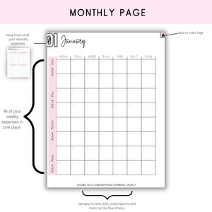 May include: A printable monthly budget planner page for January. The page is divided into a calendar grid with daily boxes and a section for income, bills, subscriptions, spending, and weekly totals. The page is designed to help users track their finances and stay on budget.
