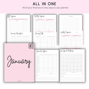 May include: A printable planner with a pink and white color scheme. The planner is designed to help people track their finances. The planner includes sections for monthly expenses, weekly expenses, subscriptions, bills, and a year at a glance. The planner also includes a no spend challenge.