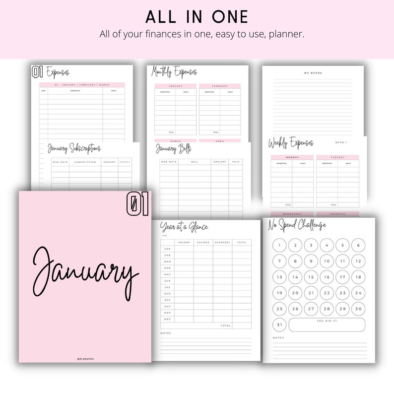May include: A printable planner with a pink and white color scheme. The planner is designed to help people track their finances. The planner includes sections for monthly expenses, weekly expenses, subscriptions, bills, and a year at a glance. The planner also includes a no spend challenge.