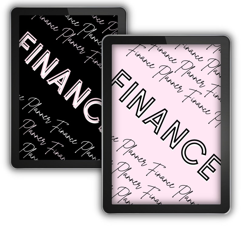 May include: Two digital tablets with black frames and screens displaying the word "FINANCE" in bold white letters on a black background and a pink background. The word "FINANCE" is repeated in cursive script on both screens.