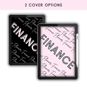 May include: Two digital tablet screen mockups displaying different cover options for a "FINANCE PLANNER" journal. The left mockup has a black background with white text and the right mockup has a pink background with black text.