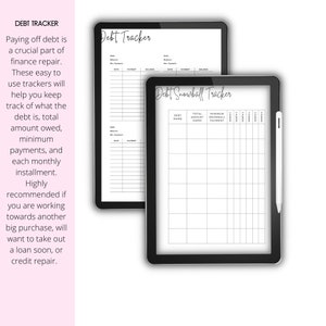 May include: Two printable debt tracker worksheets. The first worksheet is a general debt tracker with columns for date, payment, and balance. The second worksheet is a debt snowball tracker with columns for debt name, total amount owed, minimum snowball payment, and monthly payments.