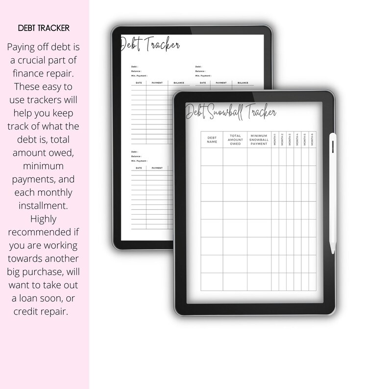 May include: Two printable debt tracker worksheets. The first worksheet is a general debt tracker with columns for date, payment, and balance. The second worksheet is a debt snowball tracker with columns for debt name, total amount owed, minimum snowball payment, and monthly payments.