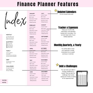 May include: A pink and white printable finance planner with a monthly, quarterly, and yearly budget tracker. The planner also includes sections for income, bills, subscriptions, spending, and challenges. The planner features a pink index tab and a star icon.