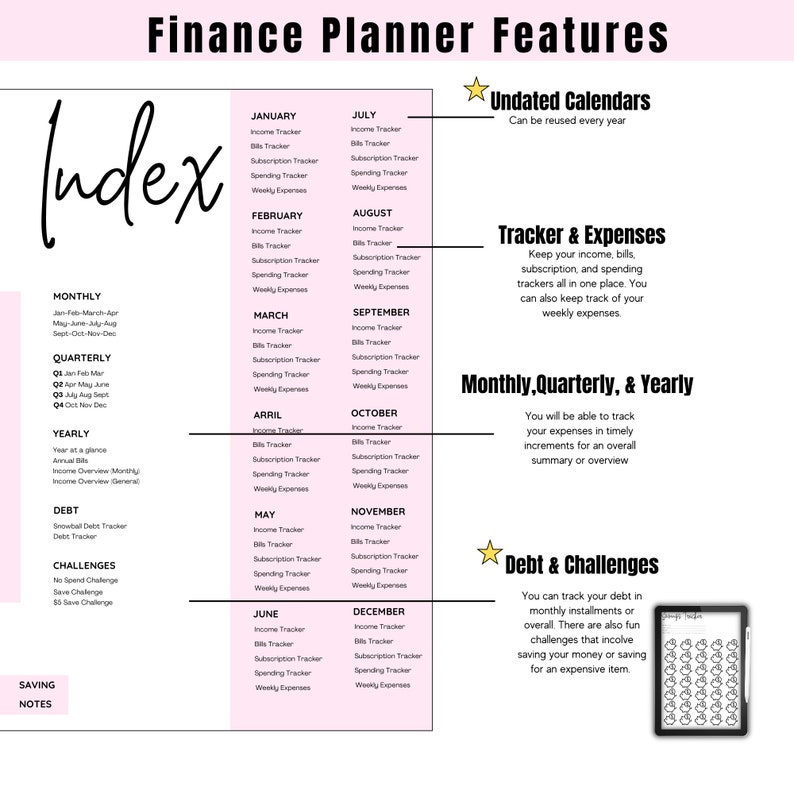 May include: A pink and white printable finance planner with a monthly, quarterly, and yearly budget tracker. The planner also includes sections for income, bills, subscriptions, spending, and challenges. The planner features a pink index tab and a star icon.