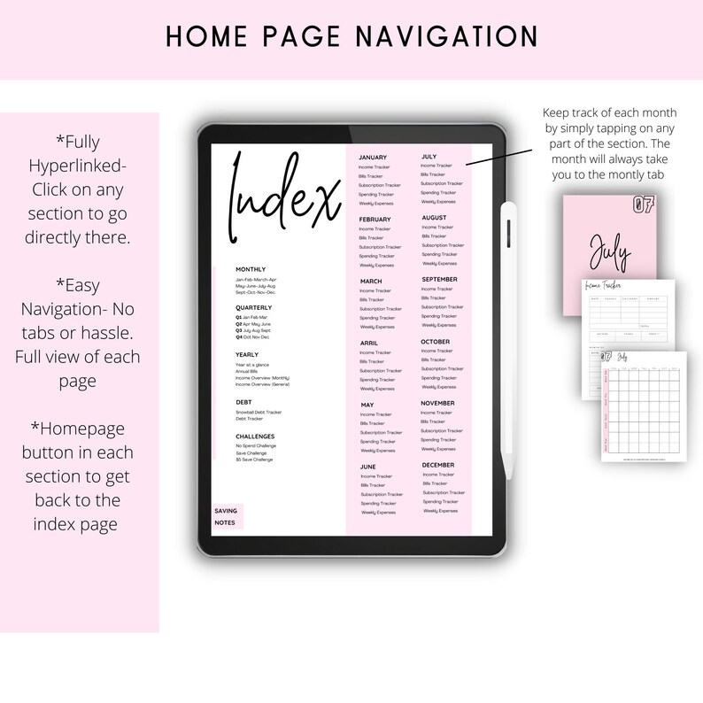May include: A digital planner with a pink background and a white index page. The index page lists monthly, quarterly, yearly, debt, challenges, and saving notes. The planner is open to the July page, which is a blank income tracker.