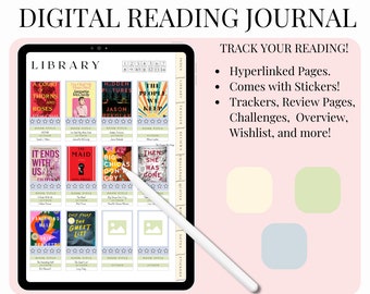 May include: A digital reading journal app on a tablet screen. The app has a library section with book covers and a tracker section with a list of features. The features include hyperlinked pages, stickers, trackers, review pages, challenges, overview, wishlist, and more.