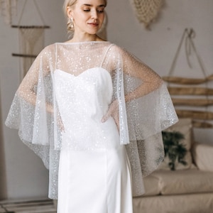 Capa de véu de noiva, pronta para envio, capa de noiva curta, capa de noiva exclusiva, véu de capa brilhante, capa de ombro de noiva - Madeline