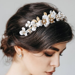 Witte hoofdband met bloemen, bloemen bruidshoofdband, bruid zendspoel, bruiloft zendspoel, bloemen bruidstiara - Cynara