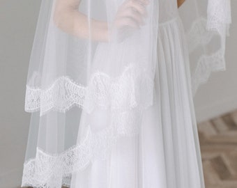 Lace soft veil, Lace edged veil, Veil 2 tier, Wedding Veil Lace, Fingertip Veil, White or Ivory Veil - Madison