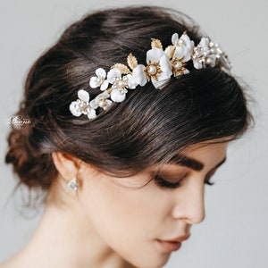 Tiara wedding, White Bridal Headband, Pearl and flowers Headpiece, Wedding headpiece - Cynara