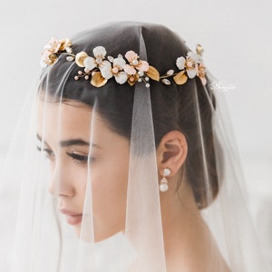 Wedding hair accessory, Bridal headband floral, Flower headpiece, Wedding flower crown, White and pink flowers headband -EMMA