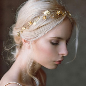 Bridal Headband flowers and leaves, Gold hair accessory, Bridal hairpiece ,Wedding Headpiece - LIA