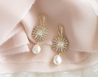 Pendientes colgantes de perlas, Pendientes de repique nupcial, Pendientes de novia de cristal, Pendientes de boda de oro/plata, Conjunto de joyas de perlas - Ximena