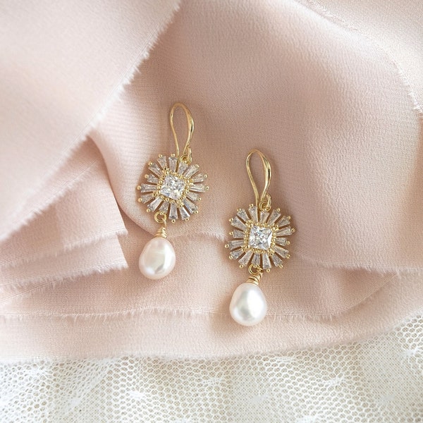 Pearl drop earrings, Bridal peal earrings, Crystal bridal earrings, Gold/Silver wedding earrings, Pearl jewelry set - Ximena