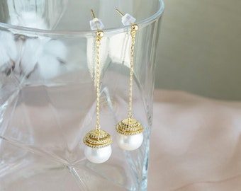 Pearl earrings dangle, Wedding pearl earrings, Teardrop Earrings with natural pearls, Long Pearl Earrings- Nyla