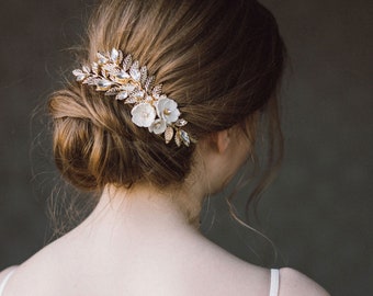 Bridal Leaf Hair Comb, Gold Bridal Comb, Floral Leaf Hair Piece, Wedding Headpiece, Gold Branch Comb, Grecian Leaves, Boho Hairpiece- KARLA