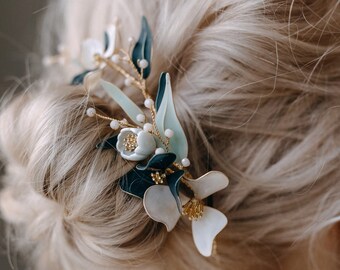 Flower Hair Comb, Bridal Teal Hair Accessory, Bridesmaids 