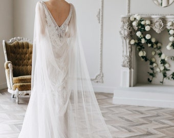 Glitter Tulle Wedding Cape, Champagne Gold Bridal Veil with Train - Savannah
