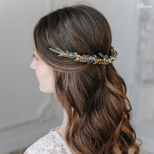 Bridal Hair Comb with Leaves and Crystals, Romantic Wedding Headpiece Back Hair Piece,  Boho Bridal Hair Accessory - Greta