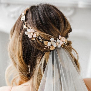 Wedding headband for bride, Bridal headband floral, Bohemian headpiece, Wedding flower crown, White and pink flowers headband EMMA image 1