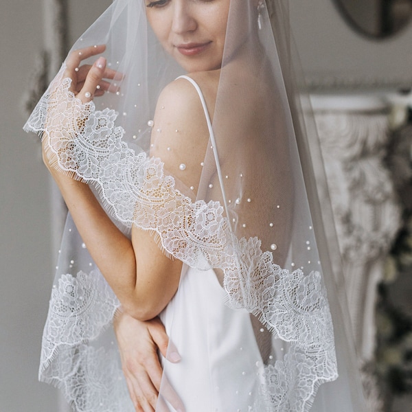 Wedding veil cathedral White Ivory lace veil Beaded veil Pearls veil Bridal accessories Veil two layer- Trinity