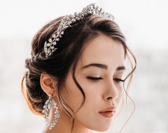 Handcrafted Bridal Silver Tiara with Brass Leaves and Swarovski Crystals - Regal Wedding Crown with Fine Metal Headband - Naomi