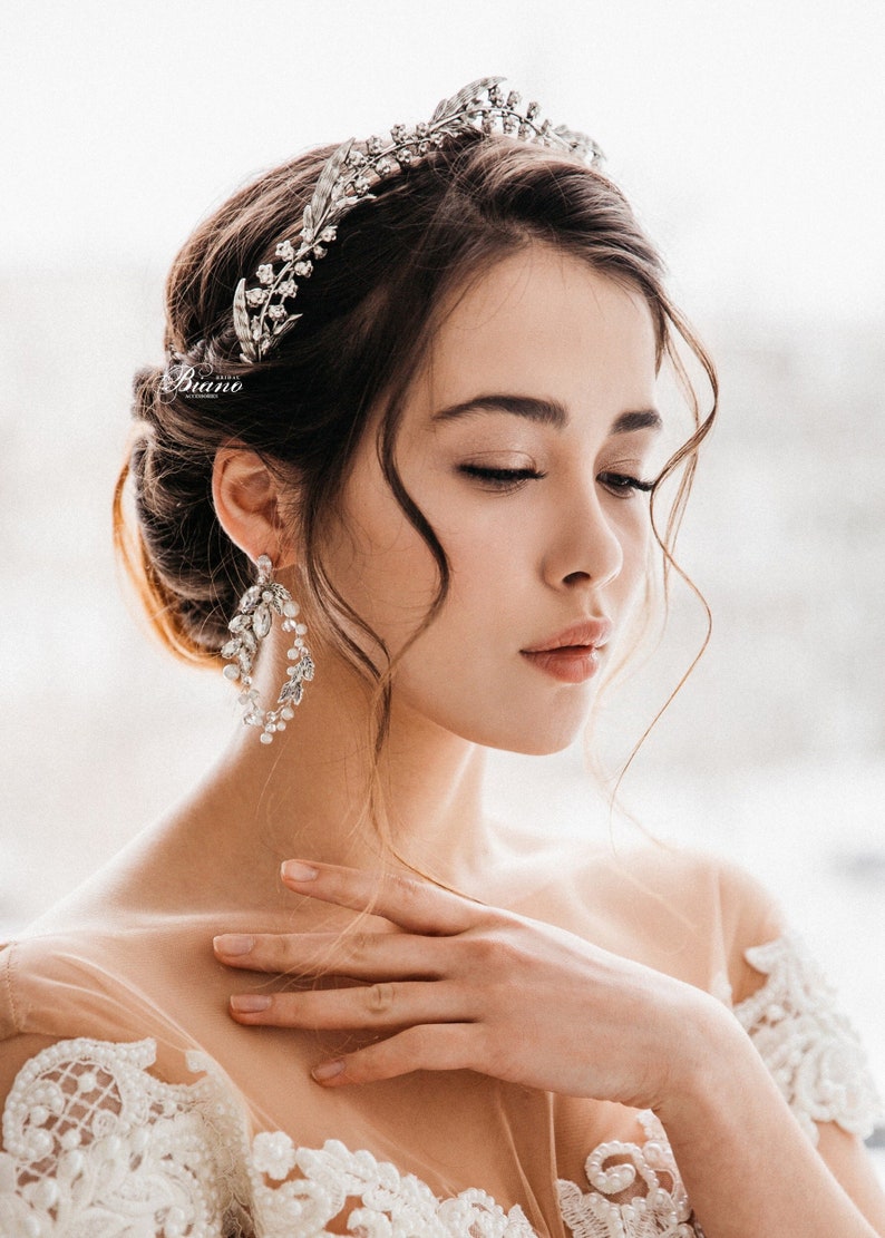 Bridal Silver Tiara, Wedding Leaf Tiara, Wedding Crown, Wedding Hair Accessory, Wedding Headpiece, Bridal Hair Halo, Bridal Headpiece NAOMI image 9